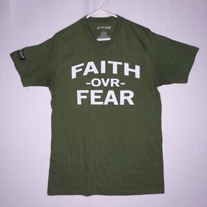 Faith Over‎ Fear Graphic T-Shirt Men Large Slim Fit V-Neck Green Jesus Christian
